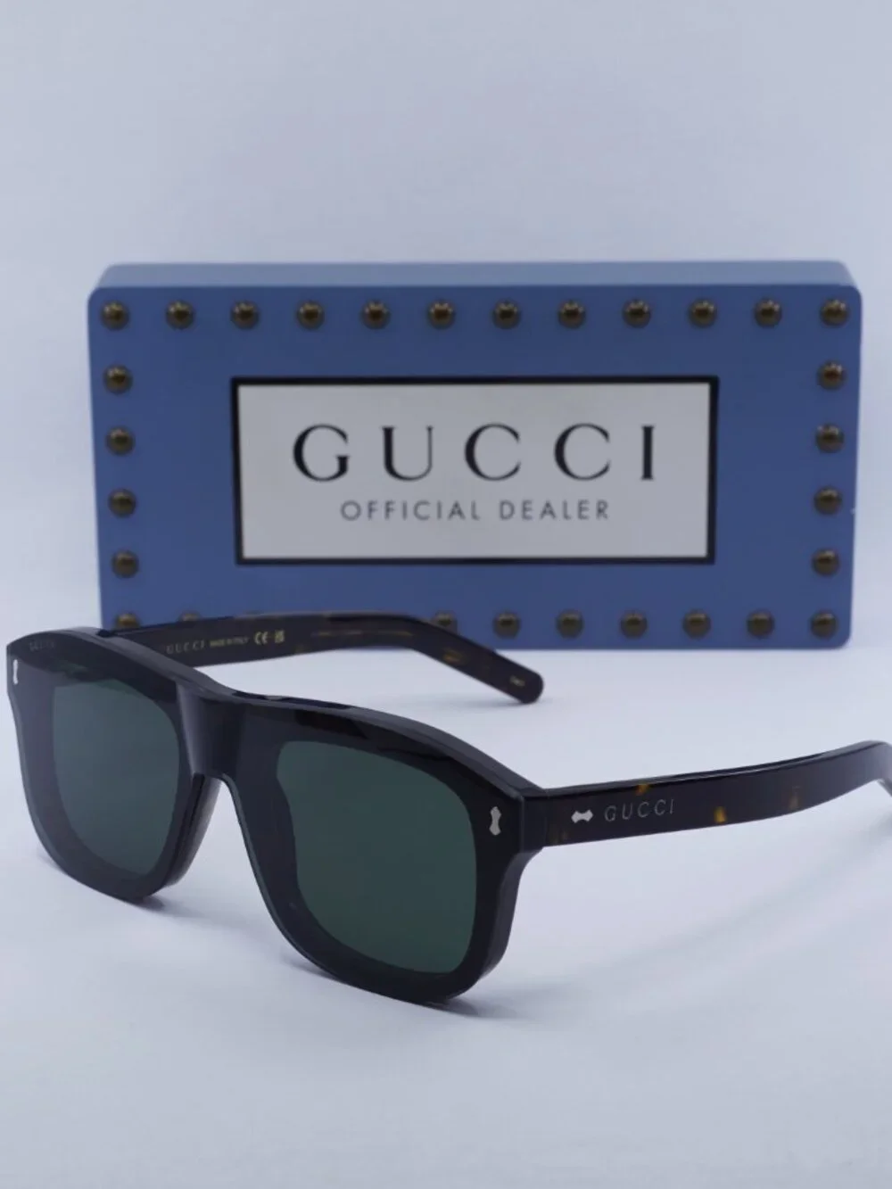 Gucci GG1712S 002 Square Sunglasses - Dark Havana\ Clear/Dark Green Clip-On